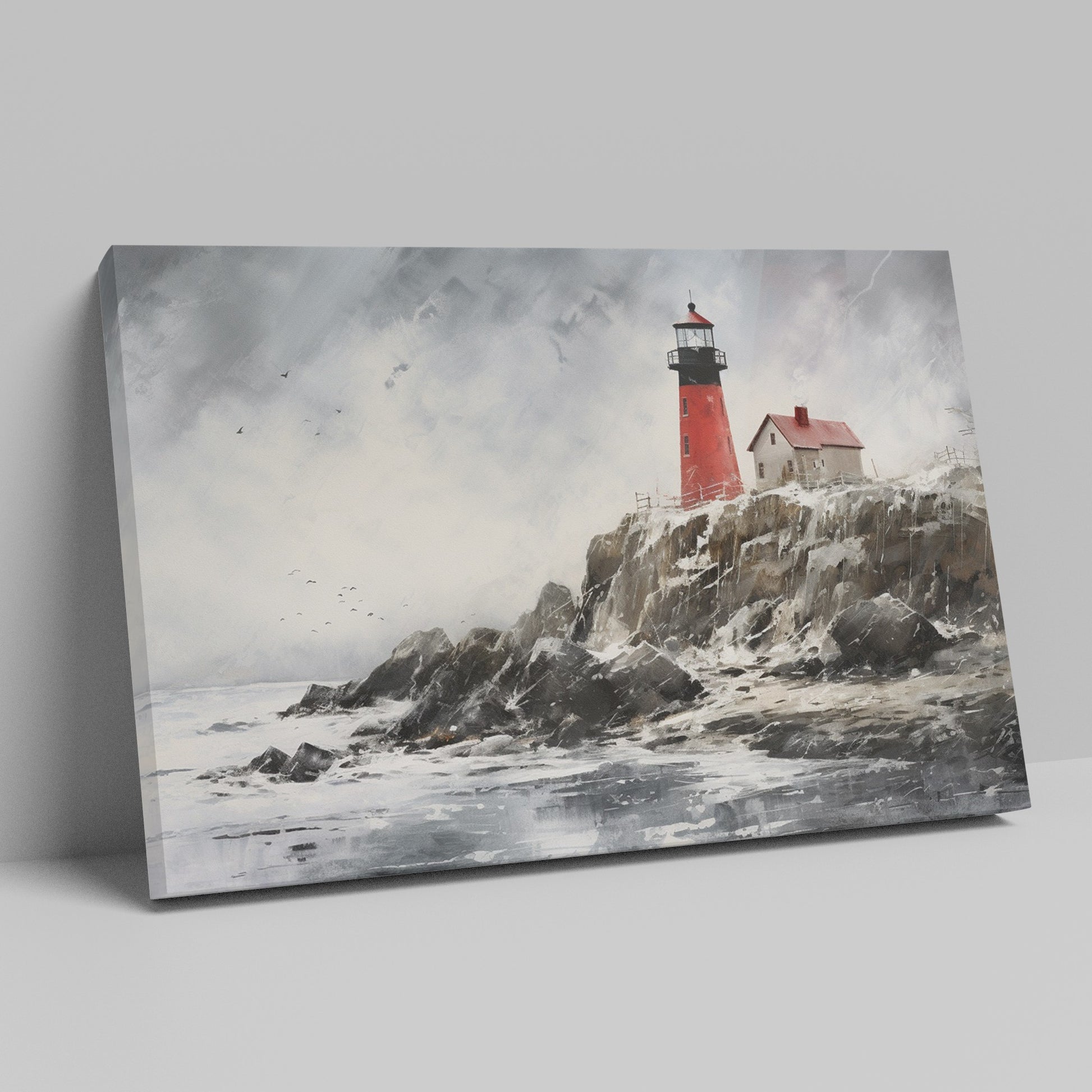 Red lighthouse on stormy cliff with ocean waves and birds, in a painted style