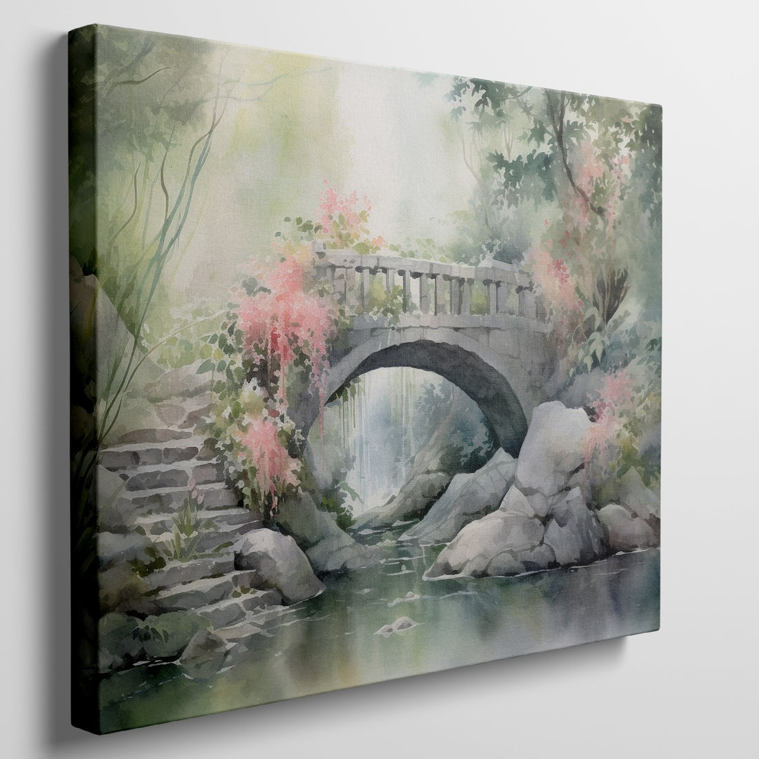 Framed canvas print of a serene stone bridge over a stream in a misty garden with lush greenery and flowering plants