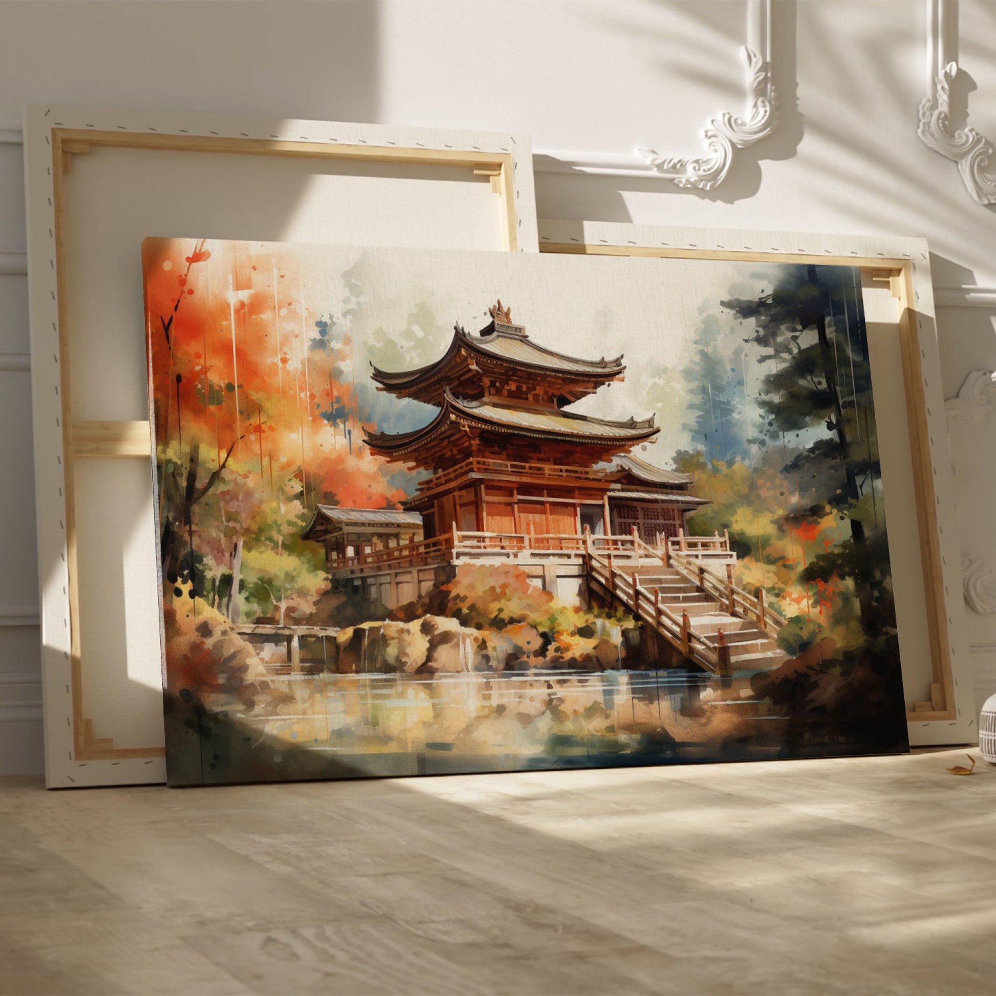 Framed canvas print of a Japanese temple amid autumn scenery with vibrant red and orange leaves