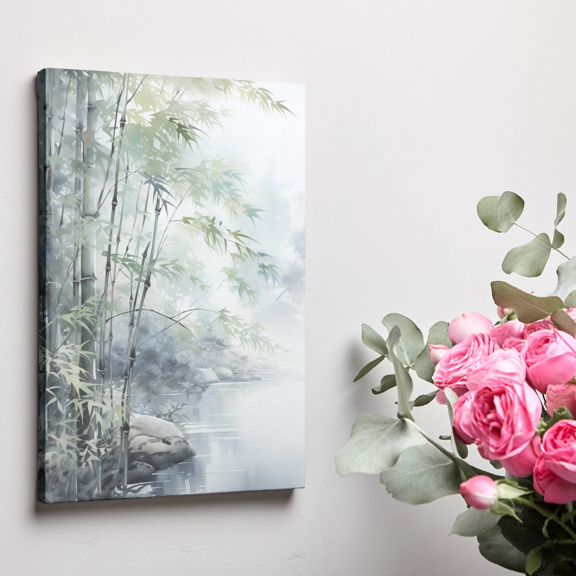 Framed canvas print of a misty bamboo grove with soft watercolour finishes