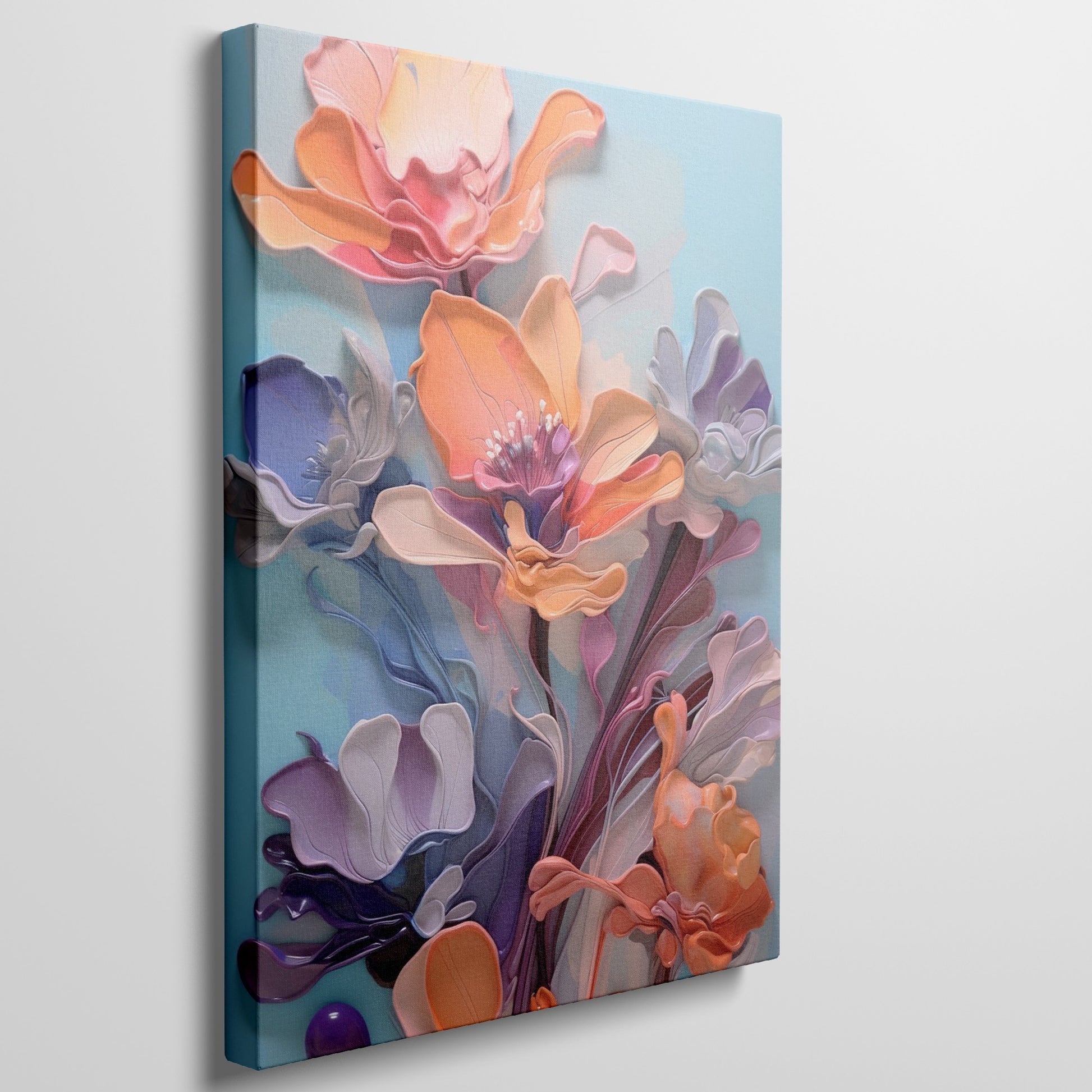 Framed canvas print of stylised vibrant flowers with 3D illustration effect on a cool blue background