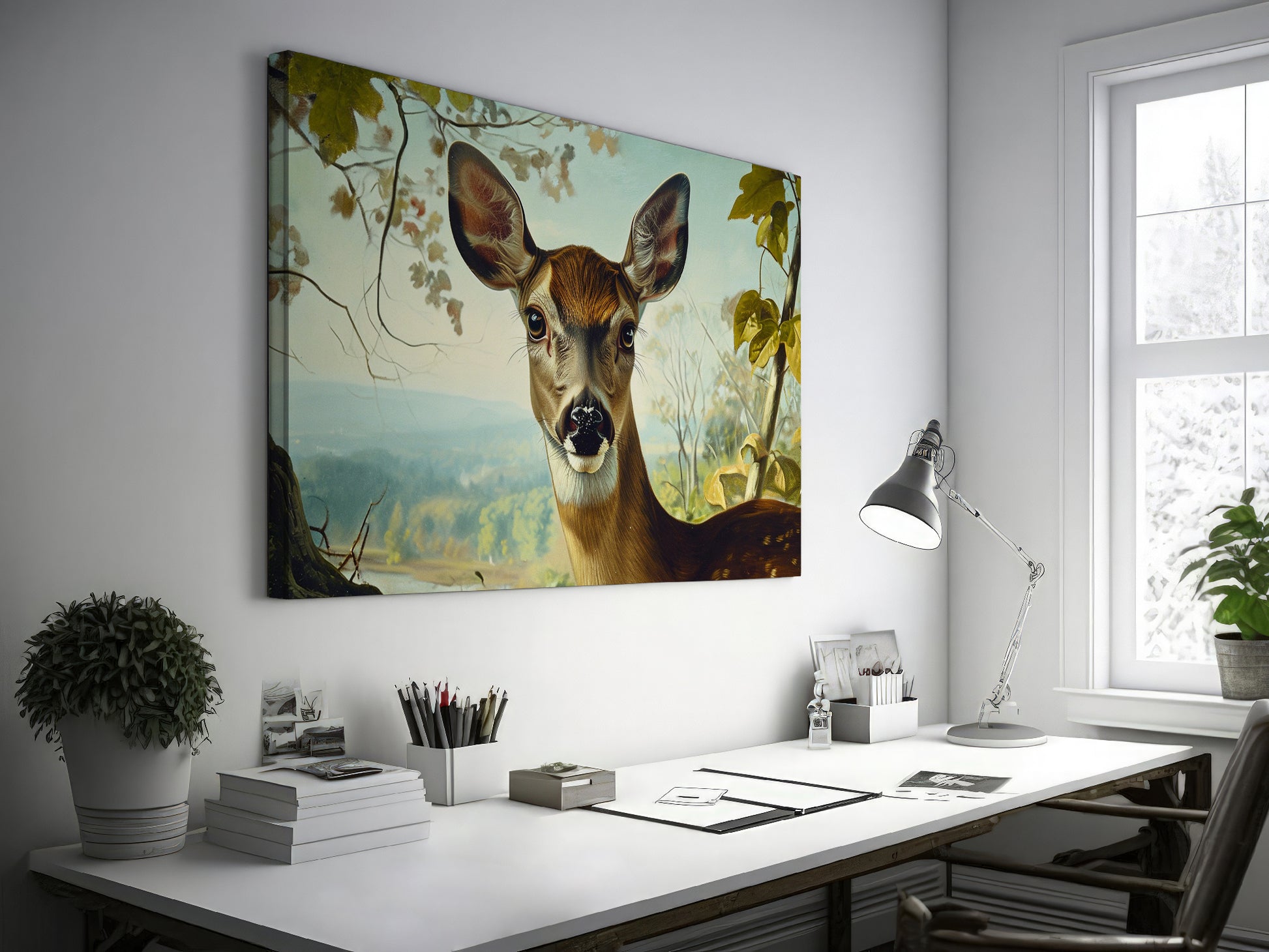 Framed canvas print of a realistic deer in a serene countryside setting with earthy tones