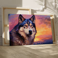 Framed canvas print of a stylized geometric husky against a colourful sunset