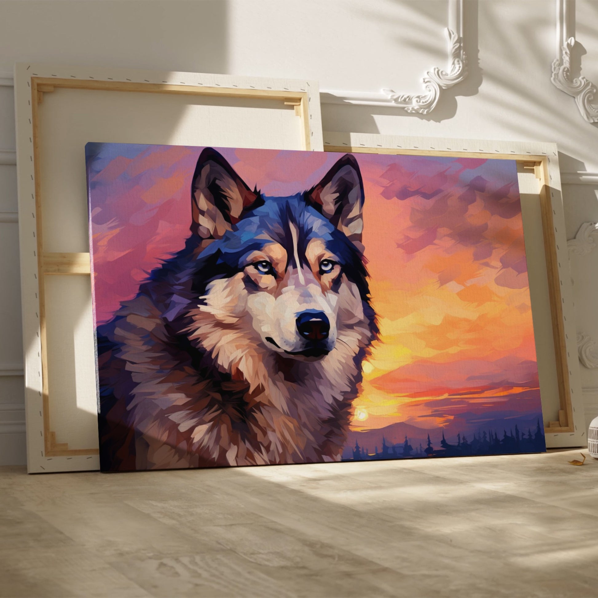 Framed canvas print of a stylized geometric husky against a colourful sunset