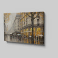 Framed canvas print of a Parisian streetscape with autumn leaves and rain