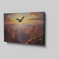 Framed canvas print of a majestic eagle flying over a grand canyon at sunrise with radiant warm colours