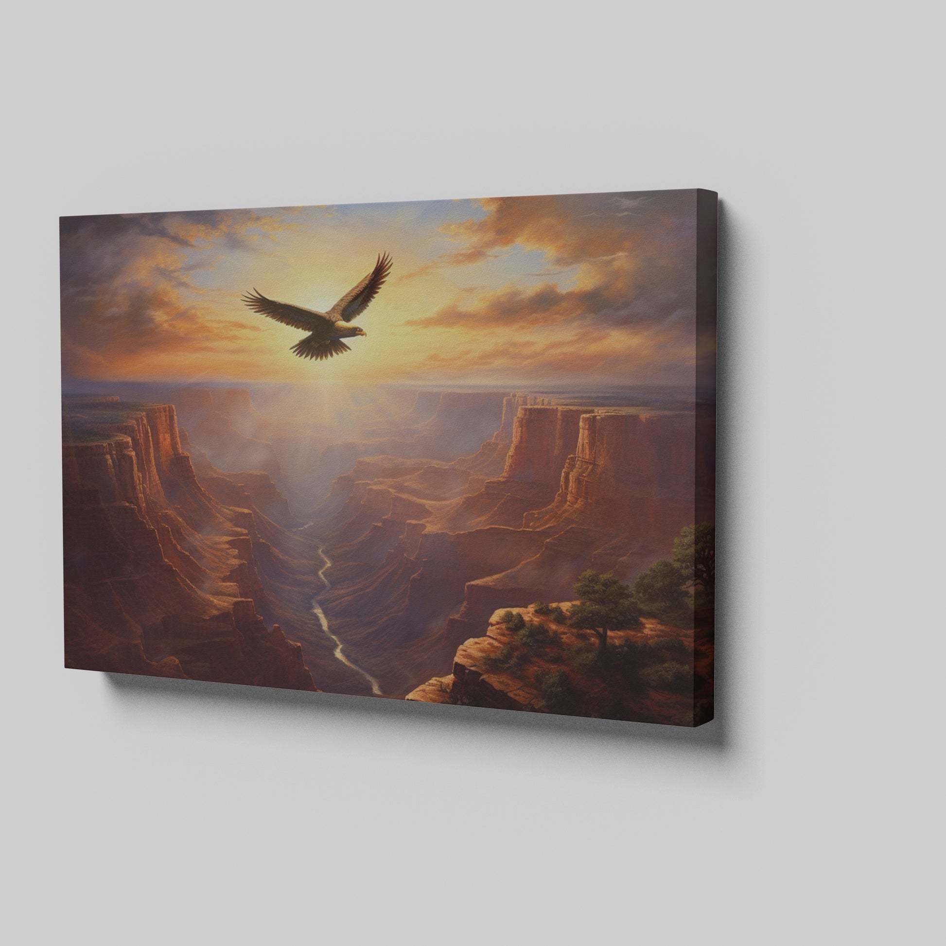 Framed canvas print of a majestic eagle flying over a grand canyon at sunrise with radiant warm colours