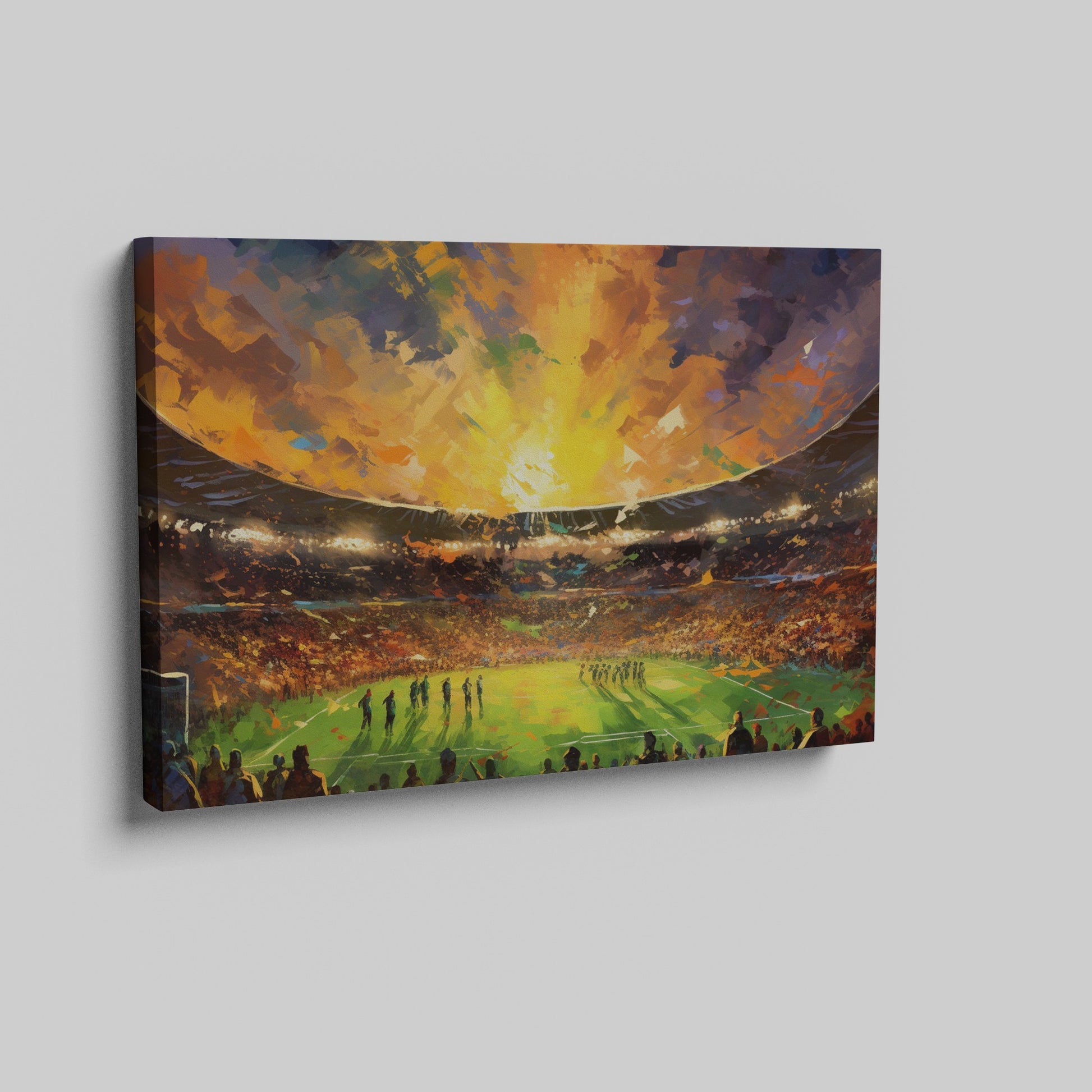 Framed canvas print of an impressionist football stadium with vibrant sunset hues