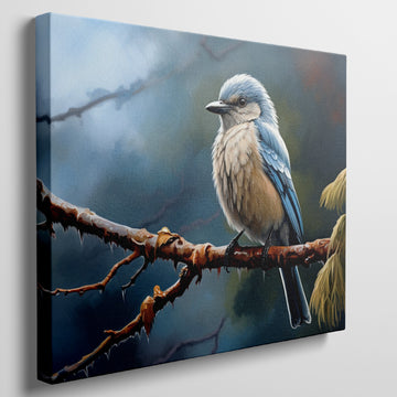 Framed canvas print of a realistic blue jay perched on a branch with intricate detail and vibrant colours