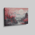 Framed canvas print of Oriental landscape with cherry blossoms and pagodas under a full moon