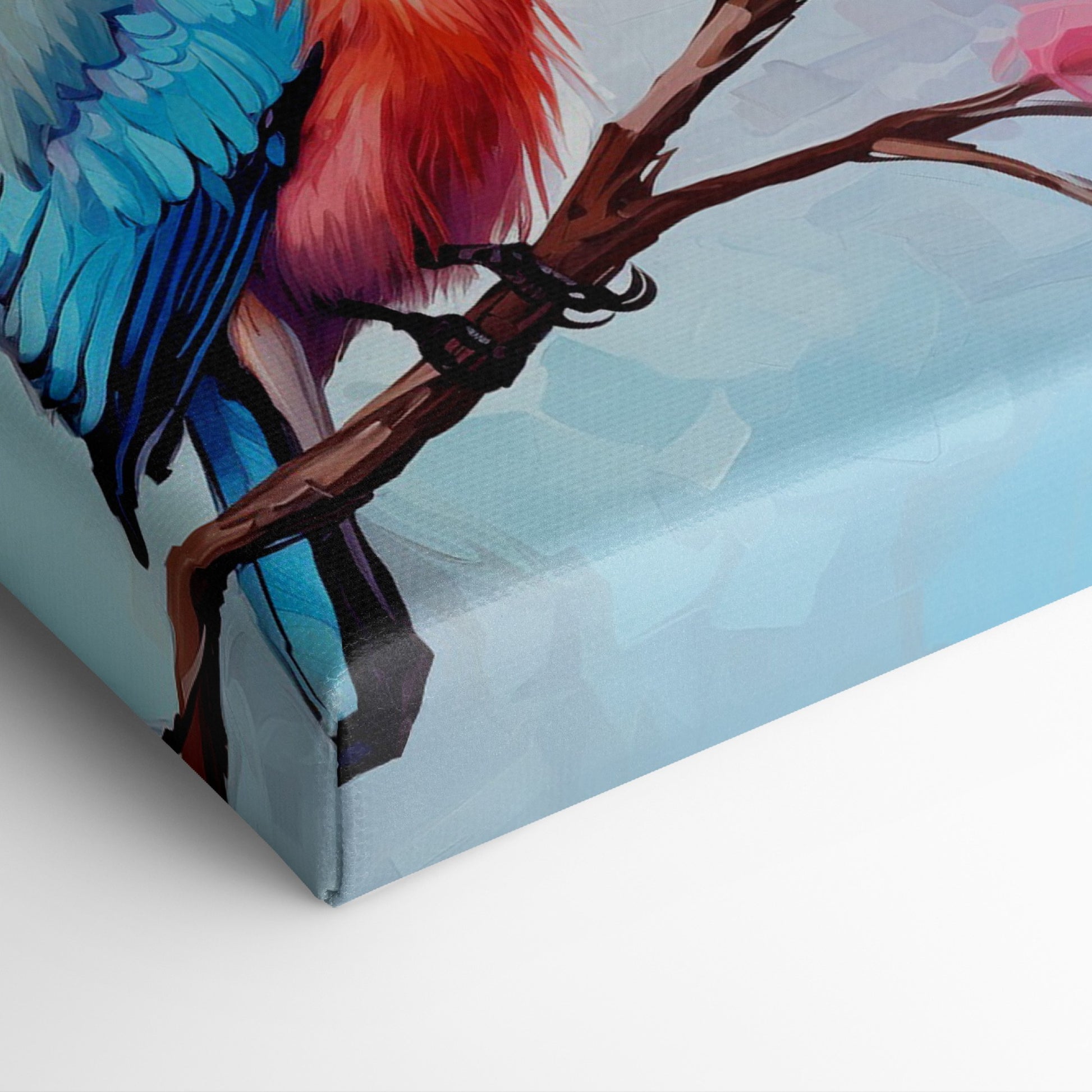 Framed canvas print of a colourful Kingfisher bird on a branch with pink cherry blossoms against a soft blue sky