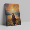 Framed canvas print of a contemplative figure at lakeside during sunset, with vivid warm colours and impressionist style