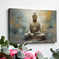 Framed canvas print of a serene Buddha in abstract style with earthy, golden hues