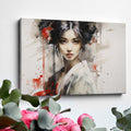 Framed canvas print of ethereal geisha in modern ink style with red accents