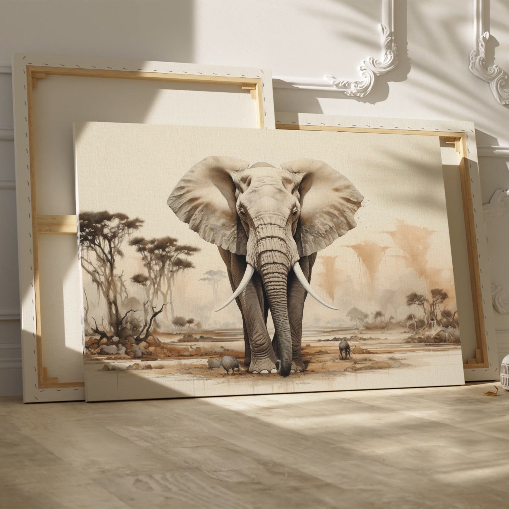 Framed canvas print of a realistic African elephant in a savannah landscape with acacia trees and soft beige tones