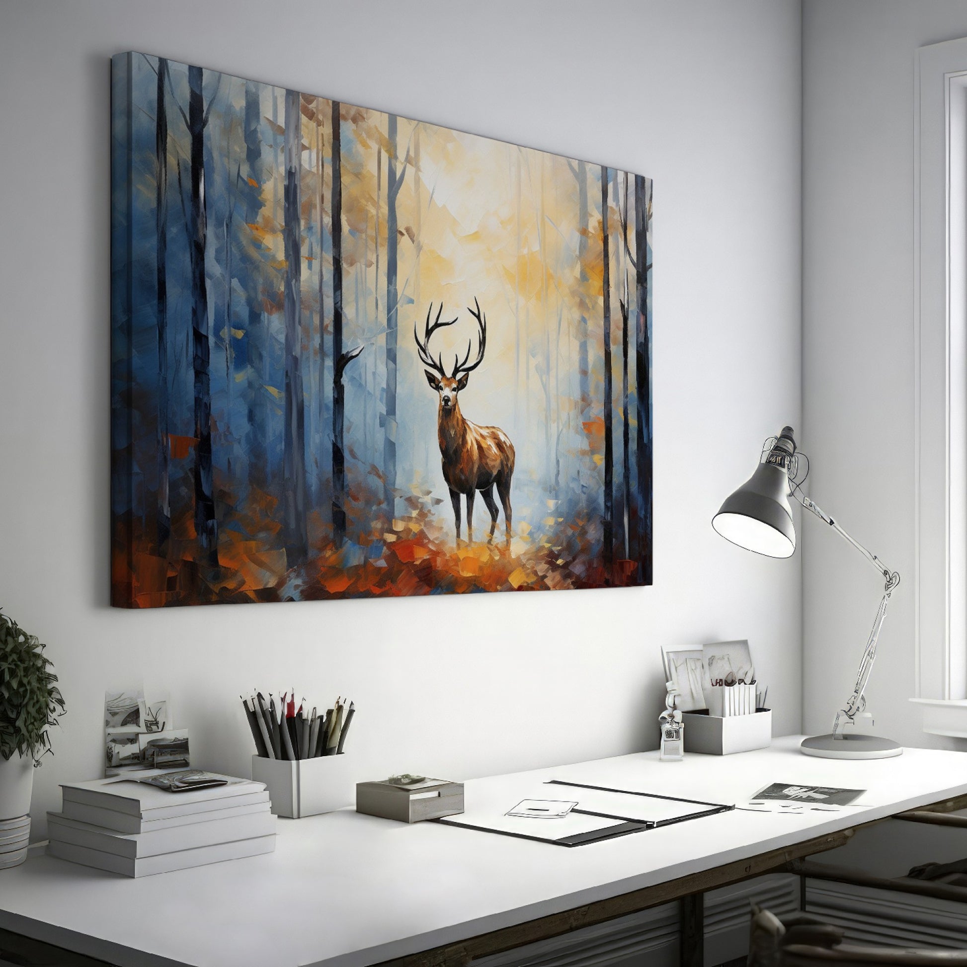 Framed canvas print of a majestic stag in a sunlit, impressionistic autumn forest