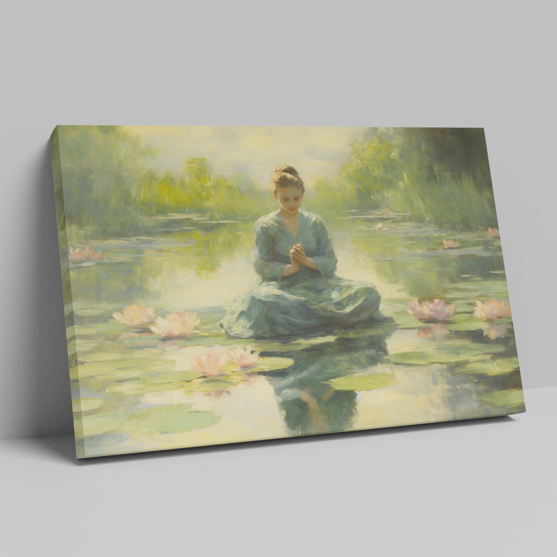 Framed canvas print of a meditative woman in a tranquil lotus pond with soft light and pastel colours