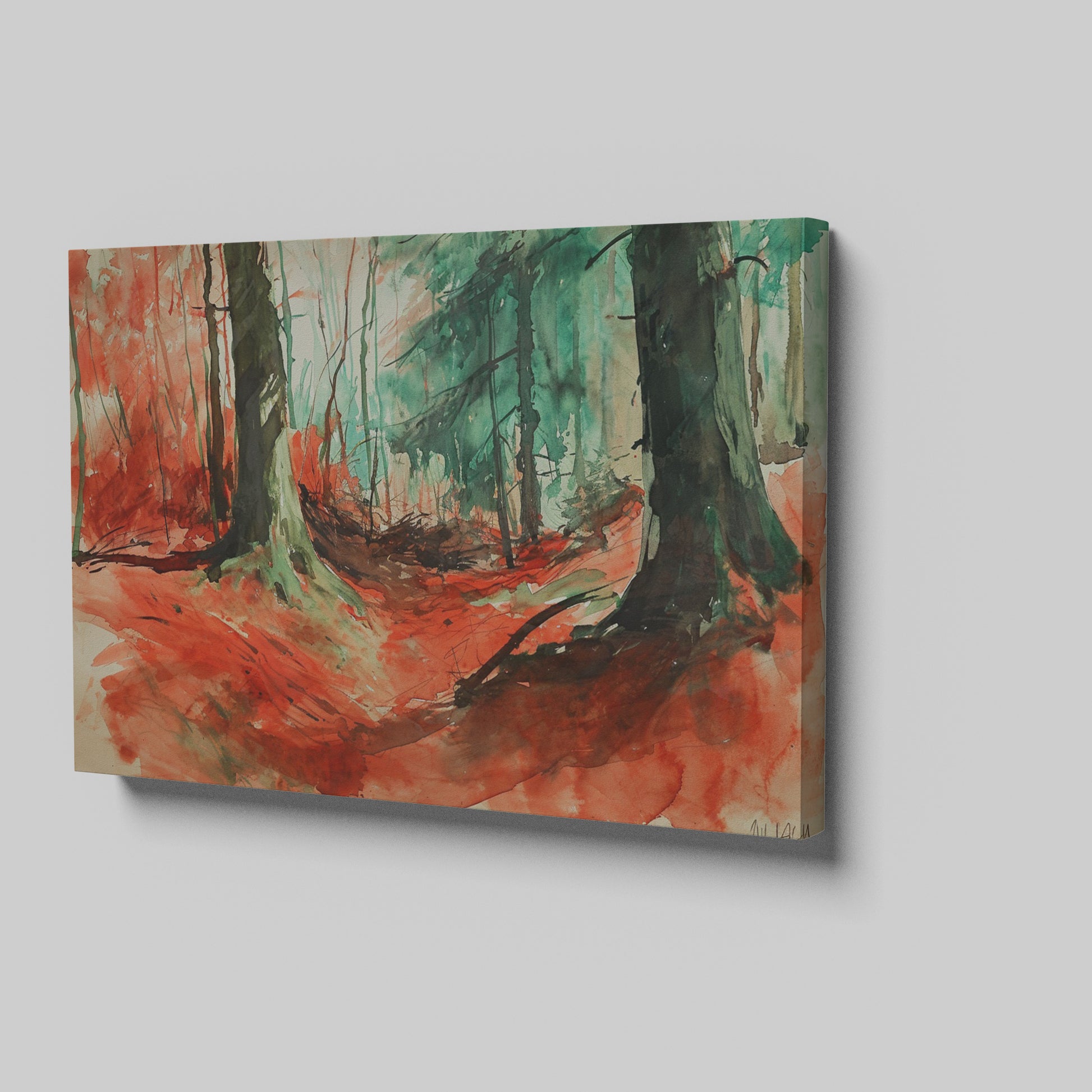 Framed canvas print of an abstract watercolour forest in vibrant red and green hues