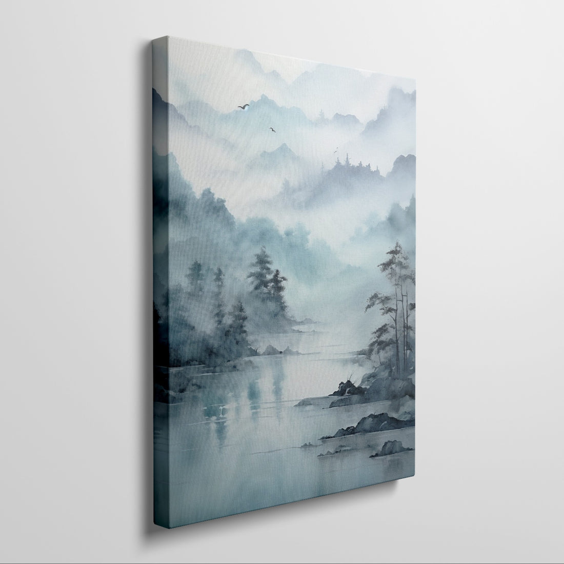 Framed canvas print of a tranquil watercolour landscape with misty blue mountains and serene lake