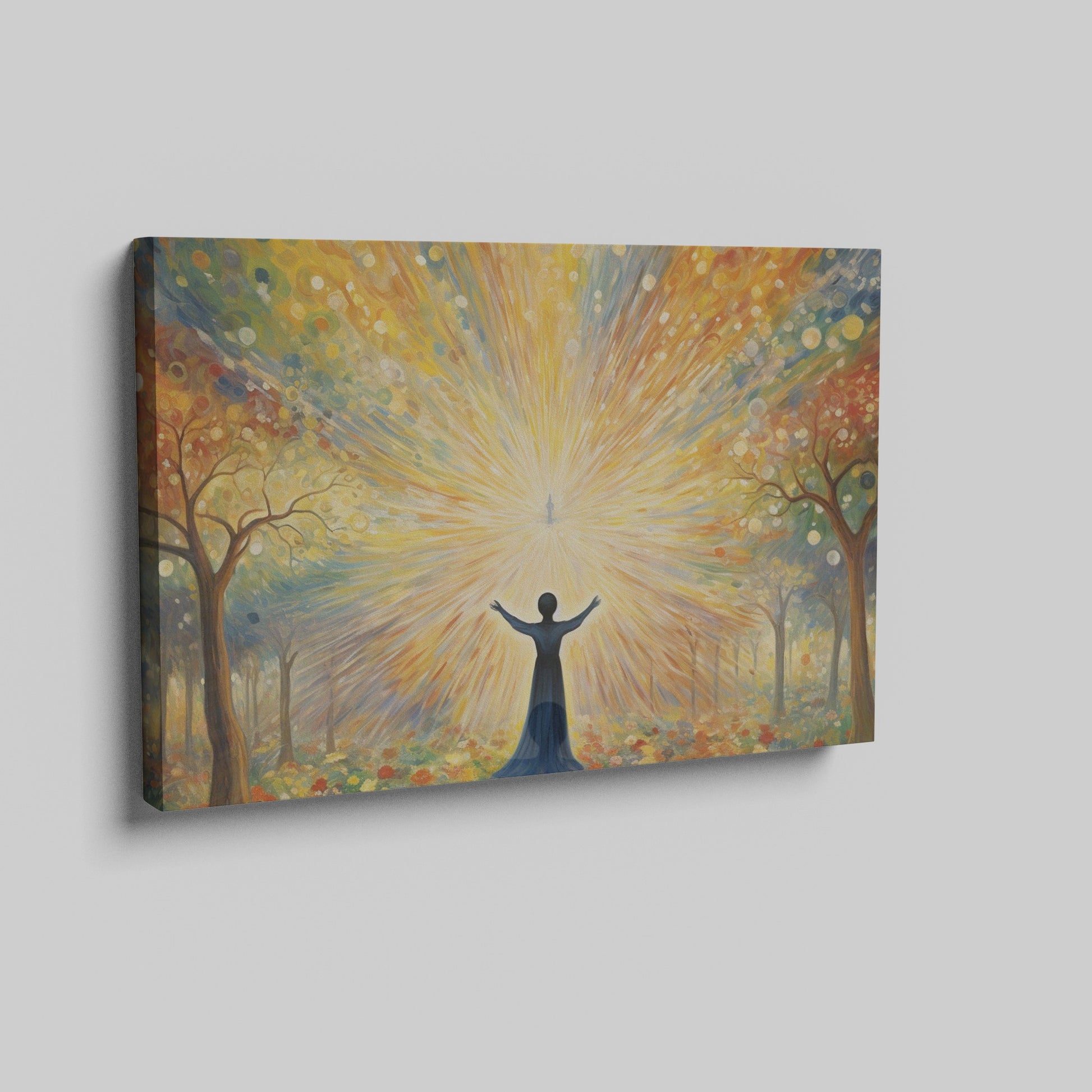 Framed canvas print of a figure silhouetted against a radiant background with mystical trees and glowing orbs.