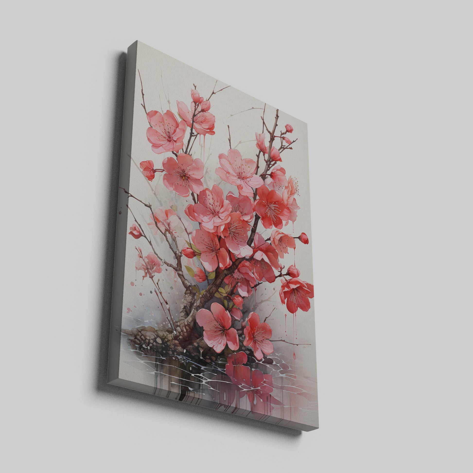 Framed canvas print of cherry blossoms with reflection and ink splashes