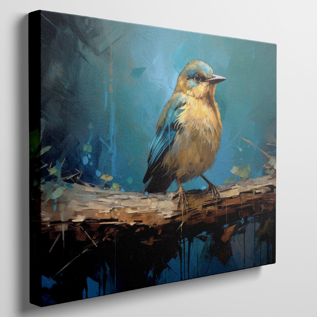 Framed canvas print of a vibrant blue and golden bird on branch with impasto texture