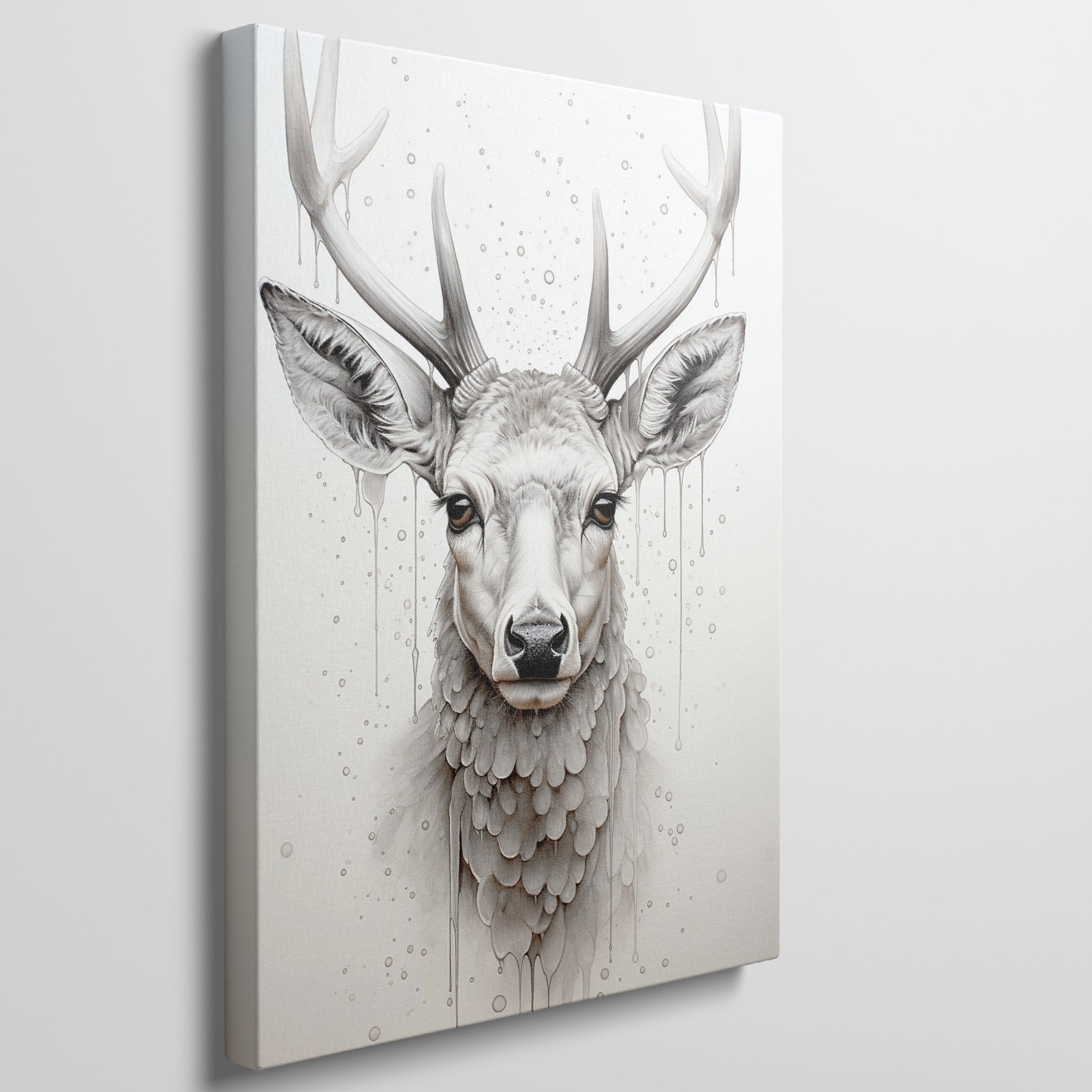 Framed canvas print of a monochrome stag with a unique dripping paint effect