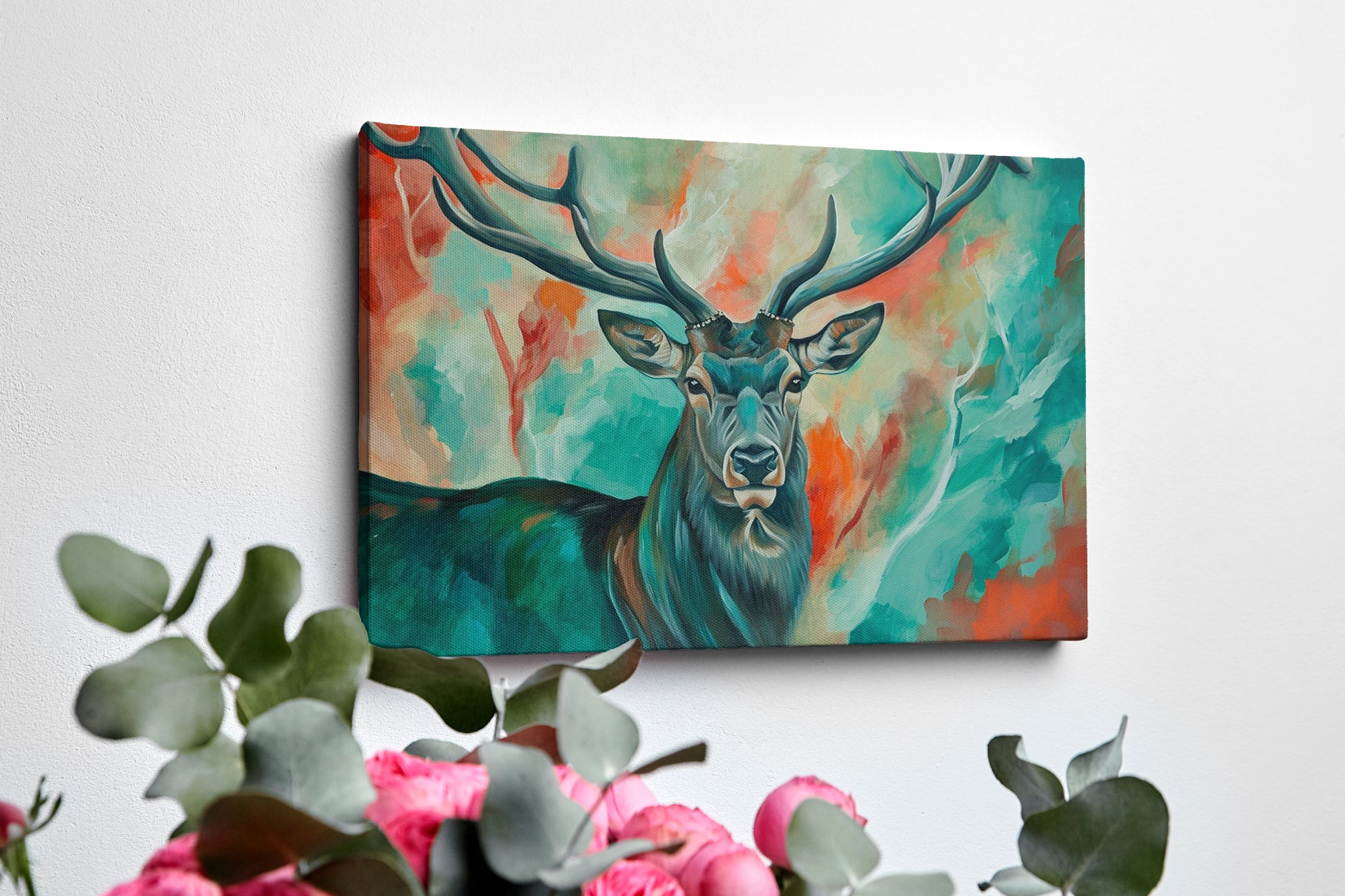 Framed canvas print of a colourful impressionistic painting of a stag with abstract elements