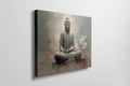 Framed canvas print of Buddha in meditation with abstract background and floral accents