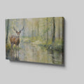 Framed canvas print of a deer standing beside a forest stream in impressionist style