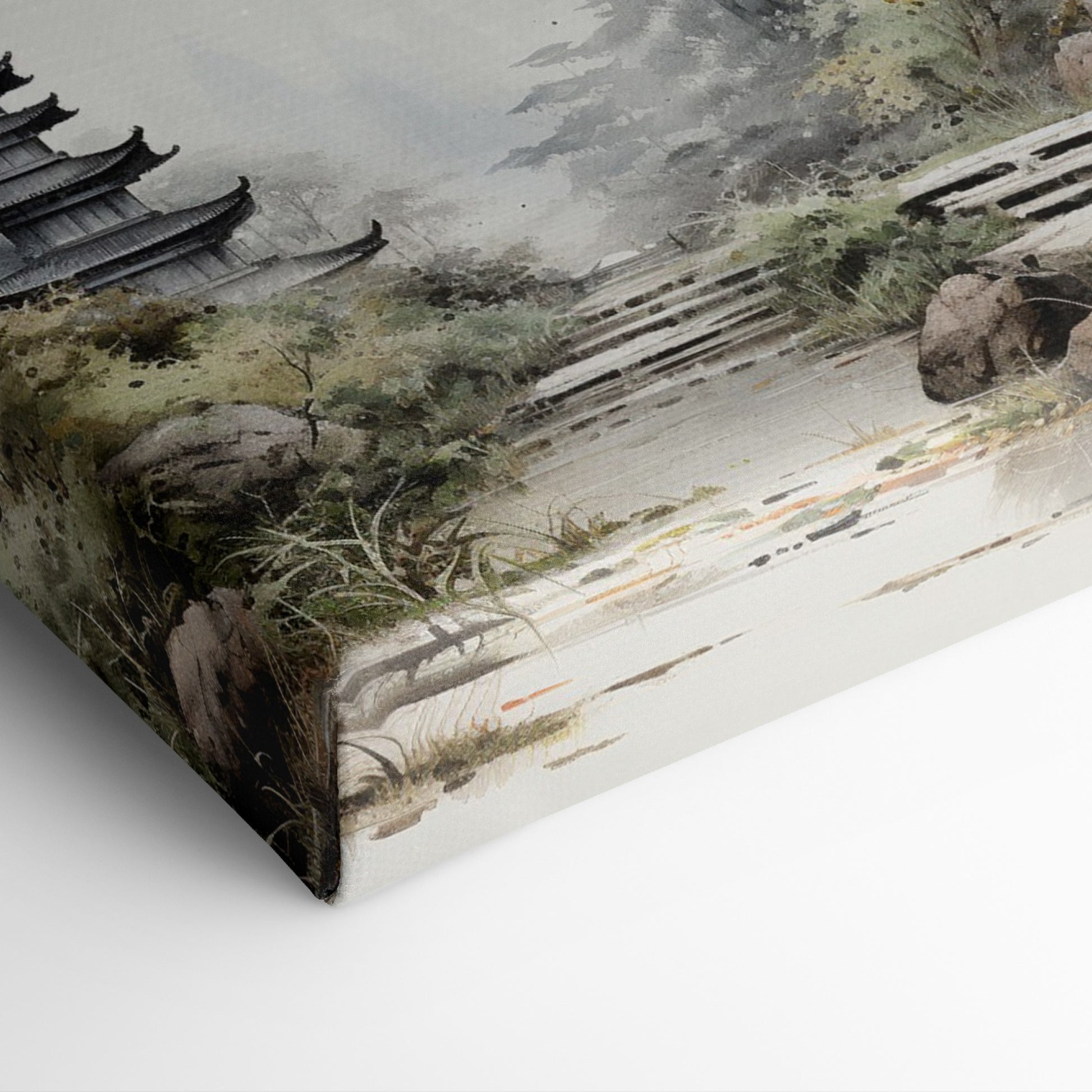 Framed canvas print of a misty oriental landscape with a pagoda and stone path