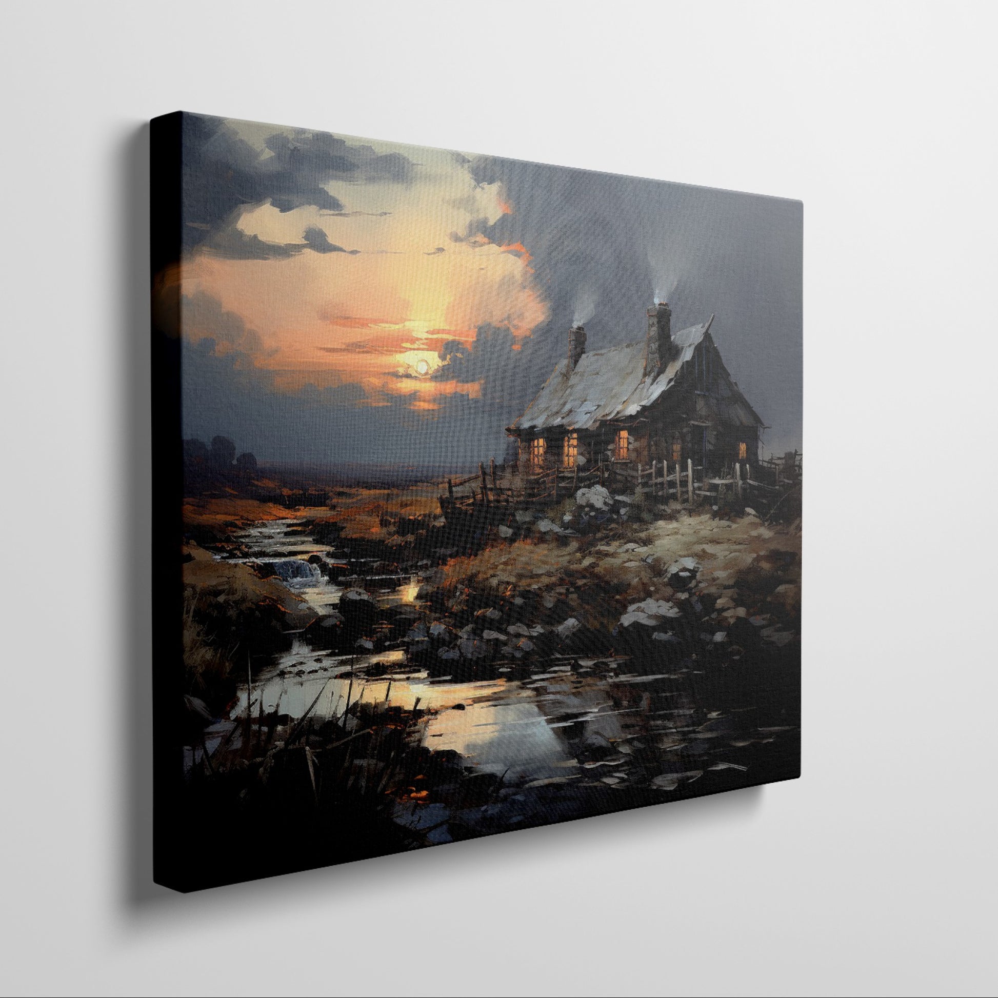 Framed canvas print of a rustic cottage with illuminated windows at sunset, set against a serene countryside landscape with a reflective creek.