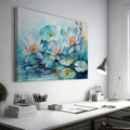 Framed canvas print of tranquil watercolor lotus pond with delicate blues and teals