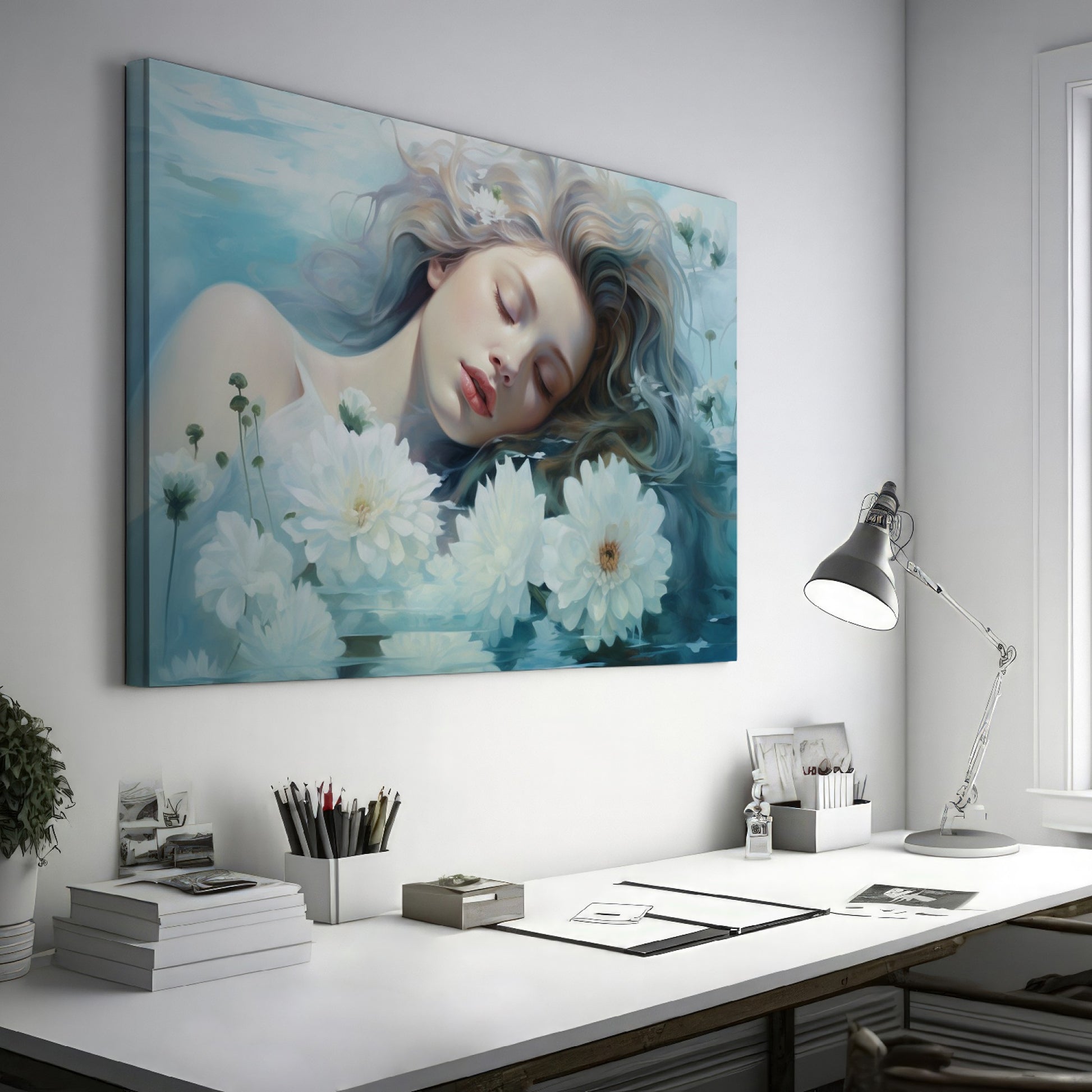 Framed canvas print of a dreamy, ethereal portrait with flowers and water reflections