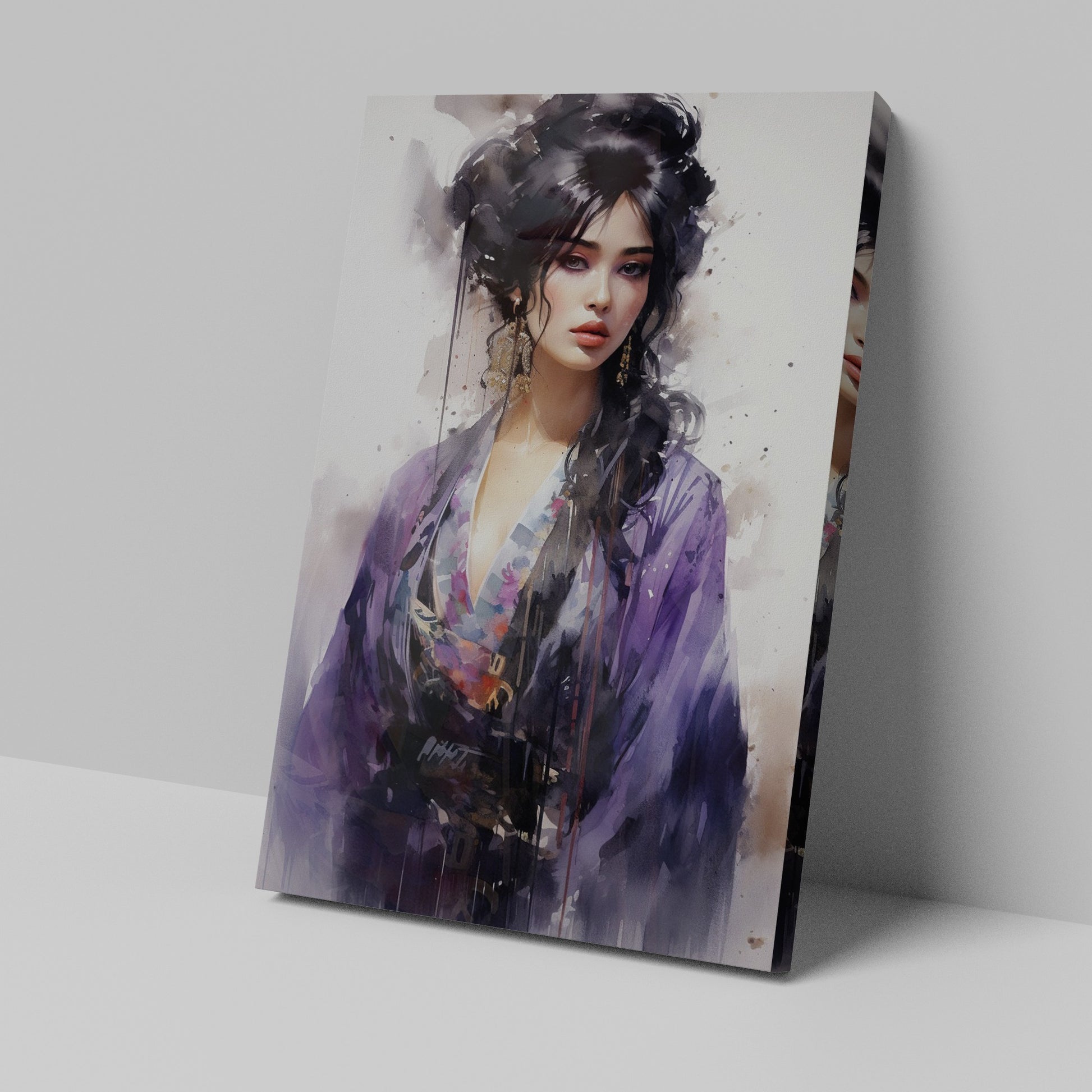 Watercolor portrait of a woman in a purple kimono with expressive eyes and artistic splashes