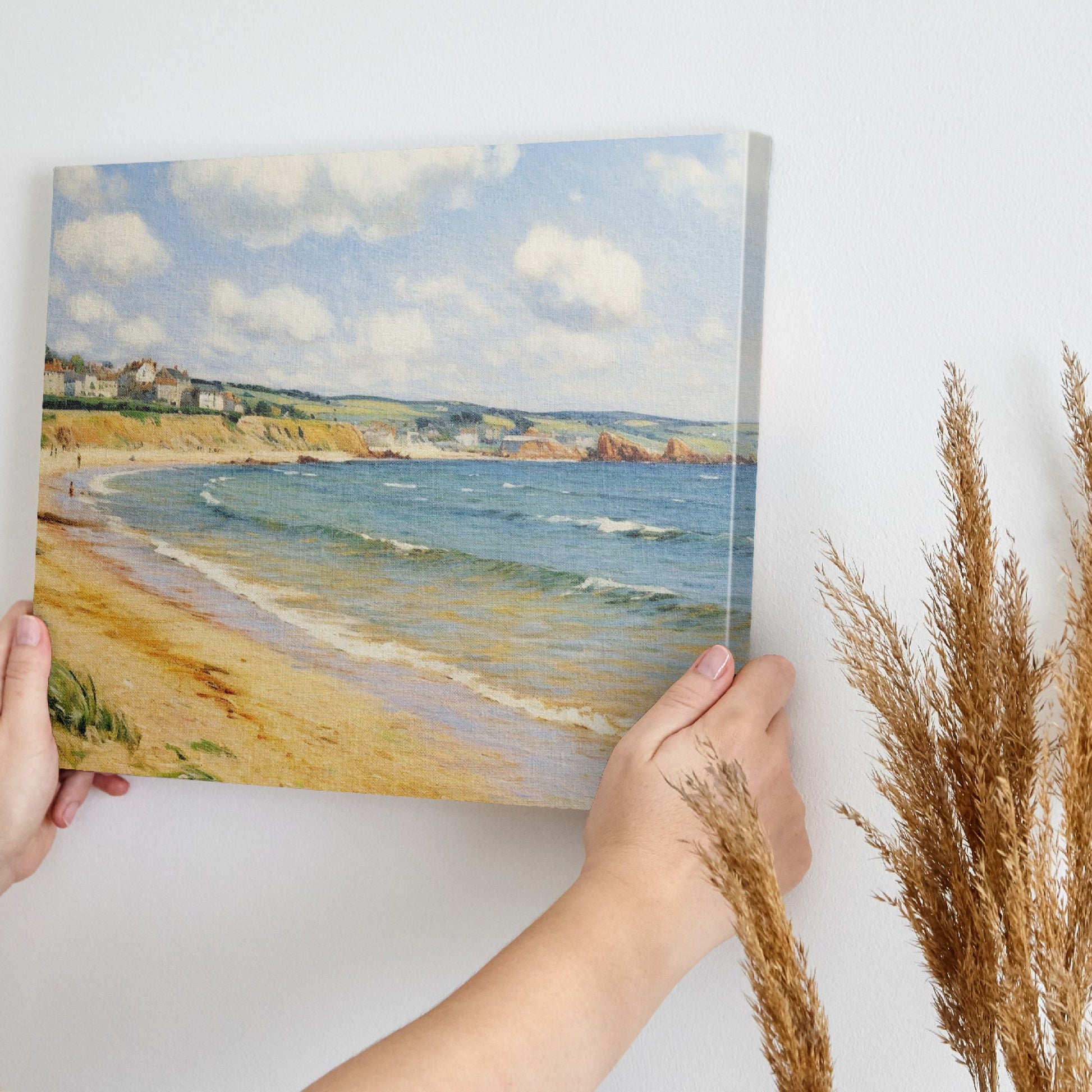 Framed canvas print of Impressionist seascape featuring a sunlit British coastline with blue waters and sandy beach