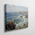 Framed canvas print of a serene seascape with ocean waves, cliffs, and blue skies