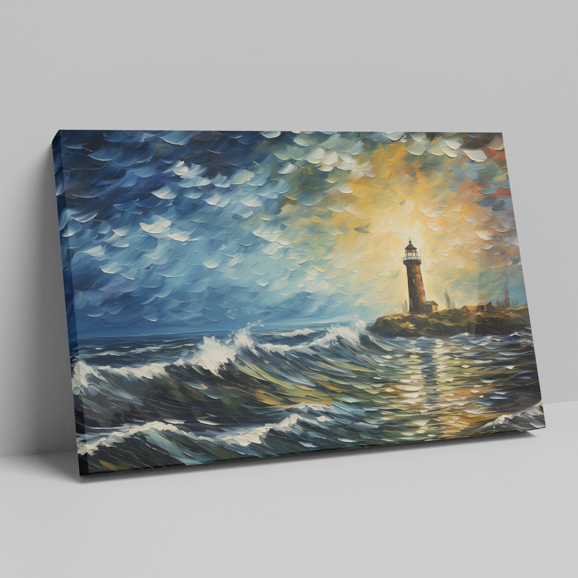 Framed canvas print of an impressionist lighthouse seascape at sunset with textured waves and a vivid sky