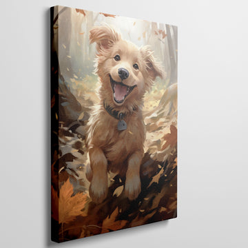 Framed canvas print of a joyful Golden Retriever with autumn leaves in vibrant tones