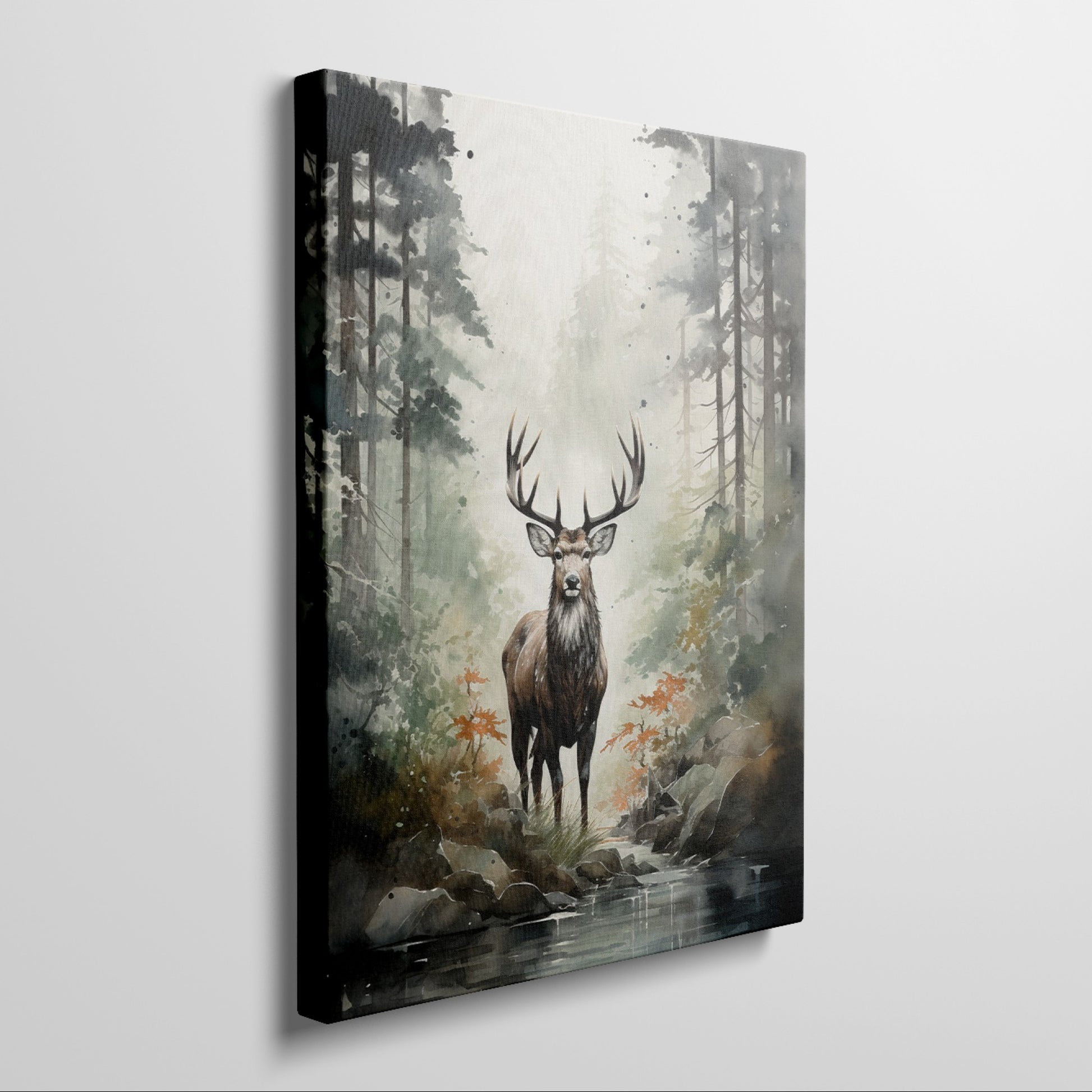 Framed canvas print of a majestic deer in a misty forest with autumnal colours