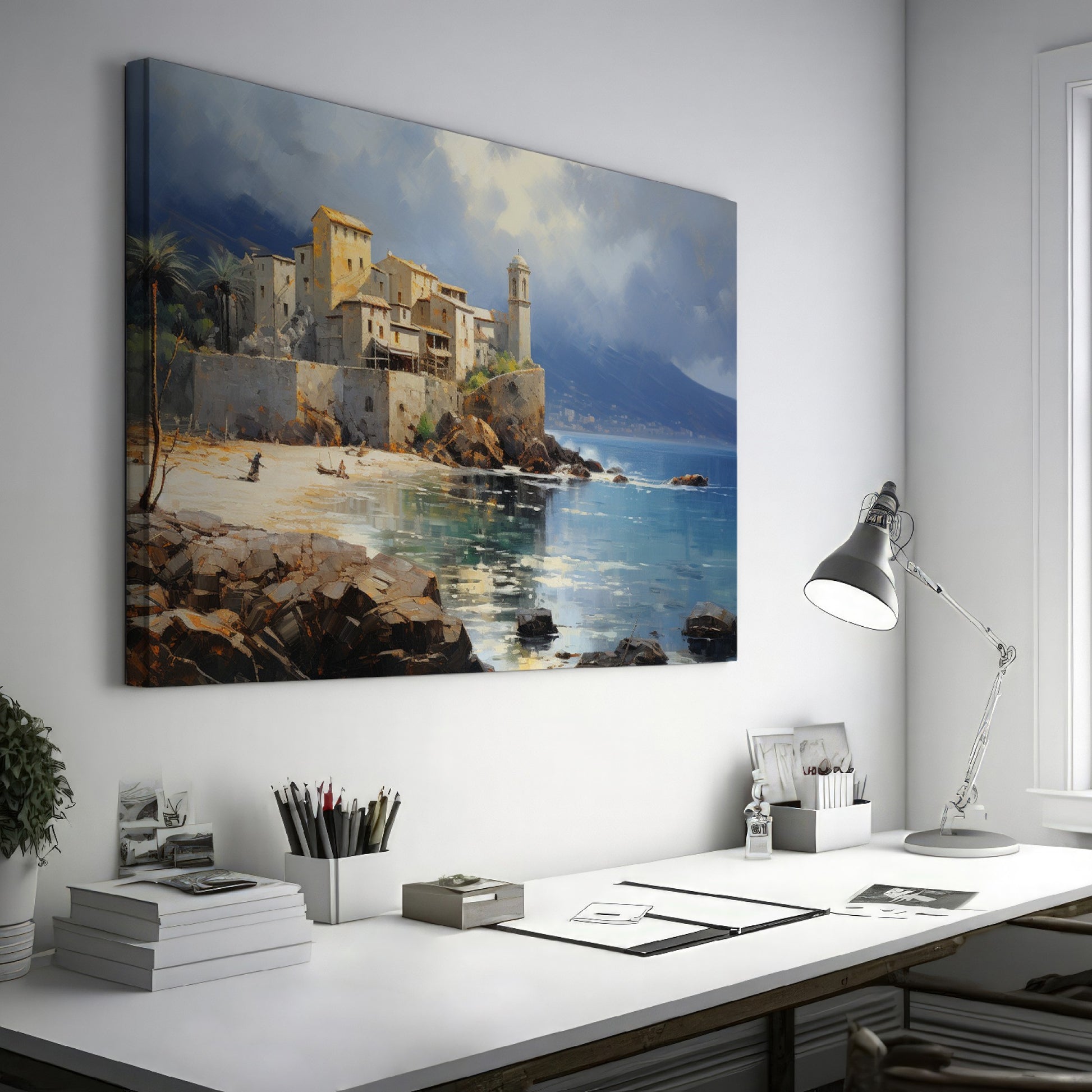 Framed canvas print of a Mediterranean coastal scene with historic buildings and calm blue waters