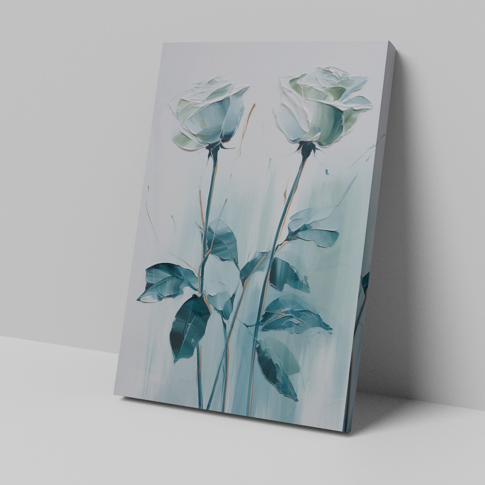 Framed canvas print of abstract blue roses with a textured appearance and soft colour palette