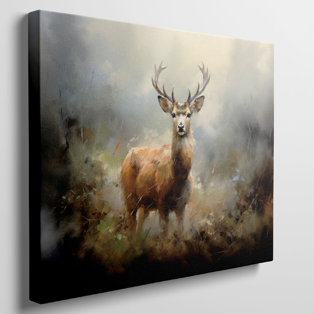 Framed canvas print of an impressionist painting of a stag in a misty autumn forest