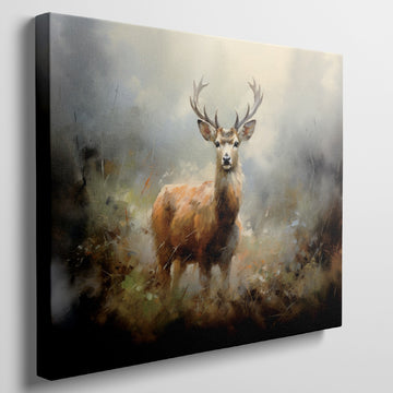 Framed canvas print of an impressionist painting of a stag in a misty autumn forest