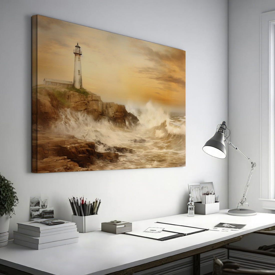 Warm-toned canvas print of a lighthouse on rocky cliffs with waves crashing against the shore under a soft orange sky