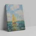 Framed canvas print of a textured impasto style painting featuring a sailboat with golden sails on the sea