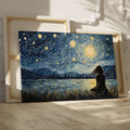 Framed canvas print of a Van Gogh-inspired starry night with a city silhouette and contemplative figure