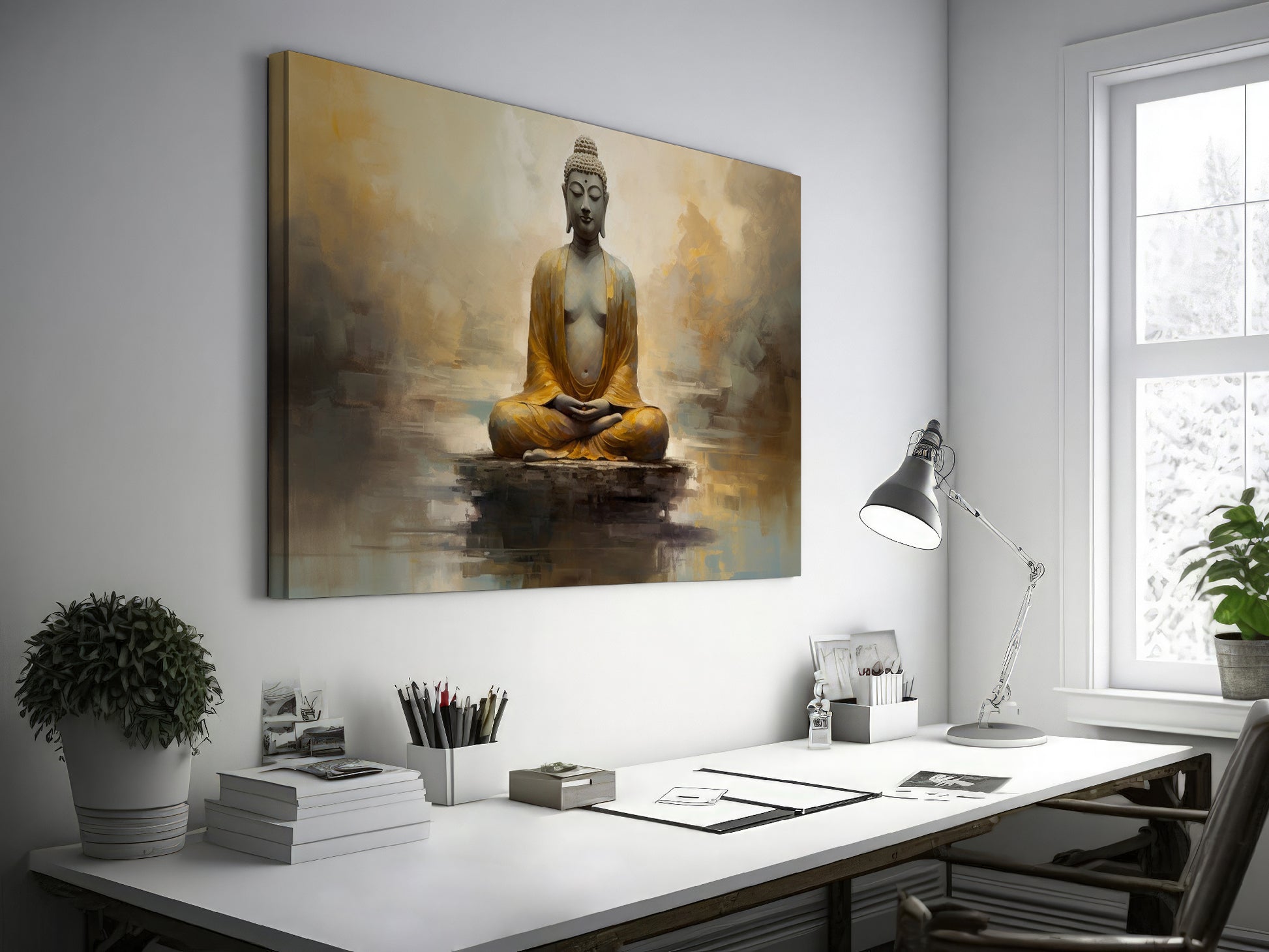 Framed canvas print of a serene Golden Buddha statue with abstract background