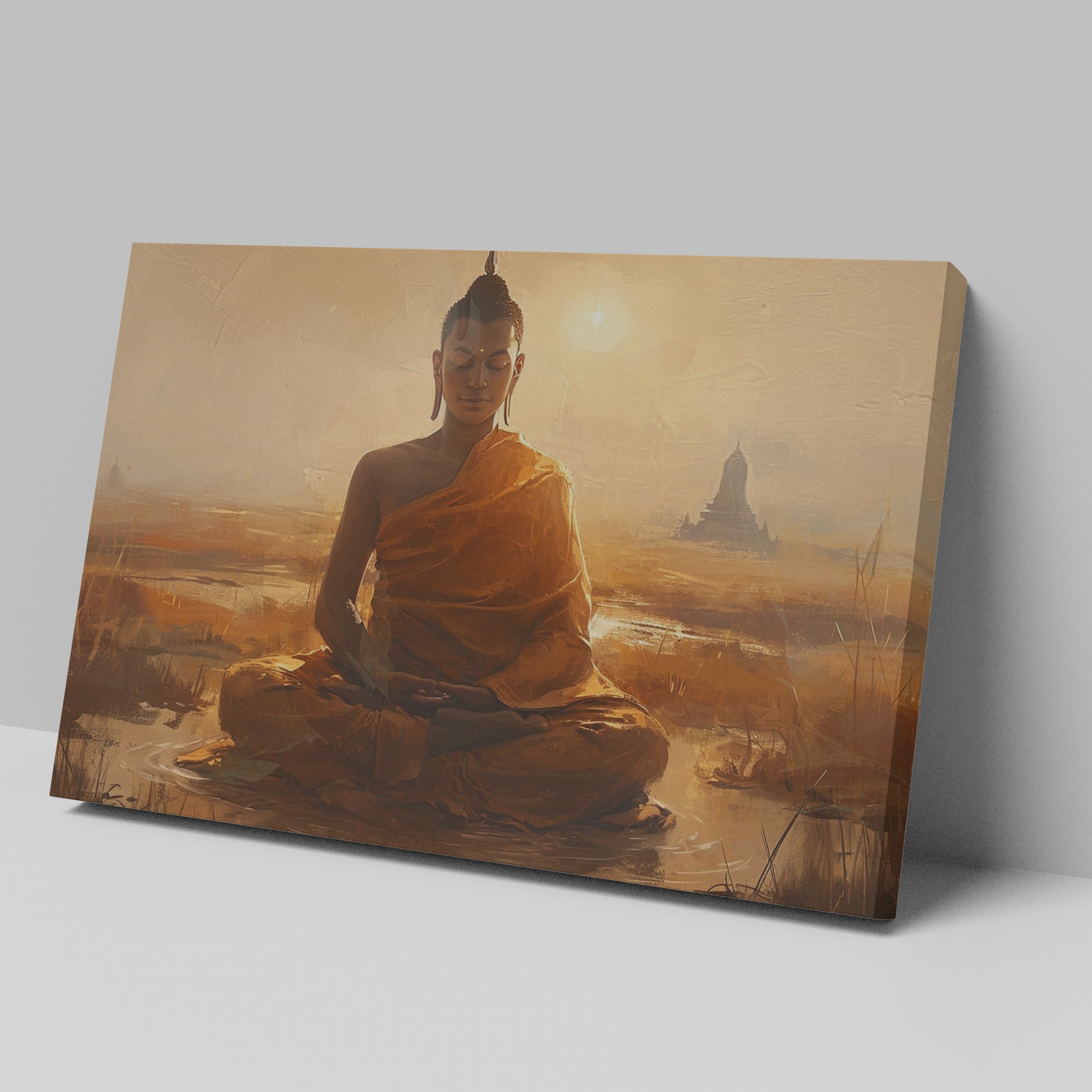 Framed canvas print of a serene meditating Buddha in golden sunset hues with temple silhouette