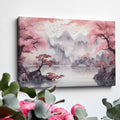 Framed canvas print of Asian landscape with cherry blossoms and misty mountains